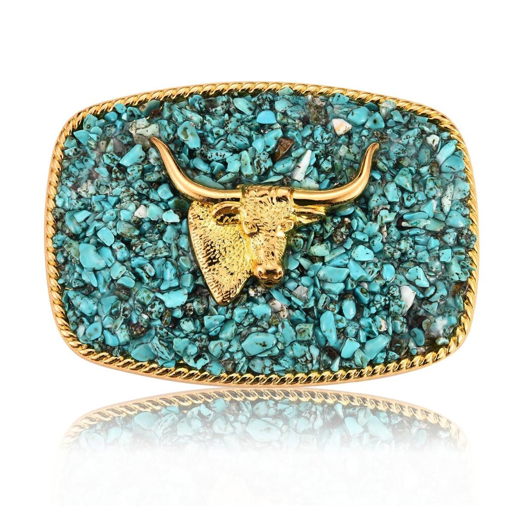 2238 Western Belt Buckle , Antique Golden Bull Belt Buckle with Turquoise